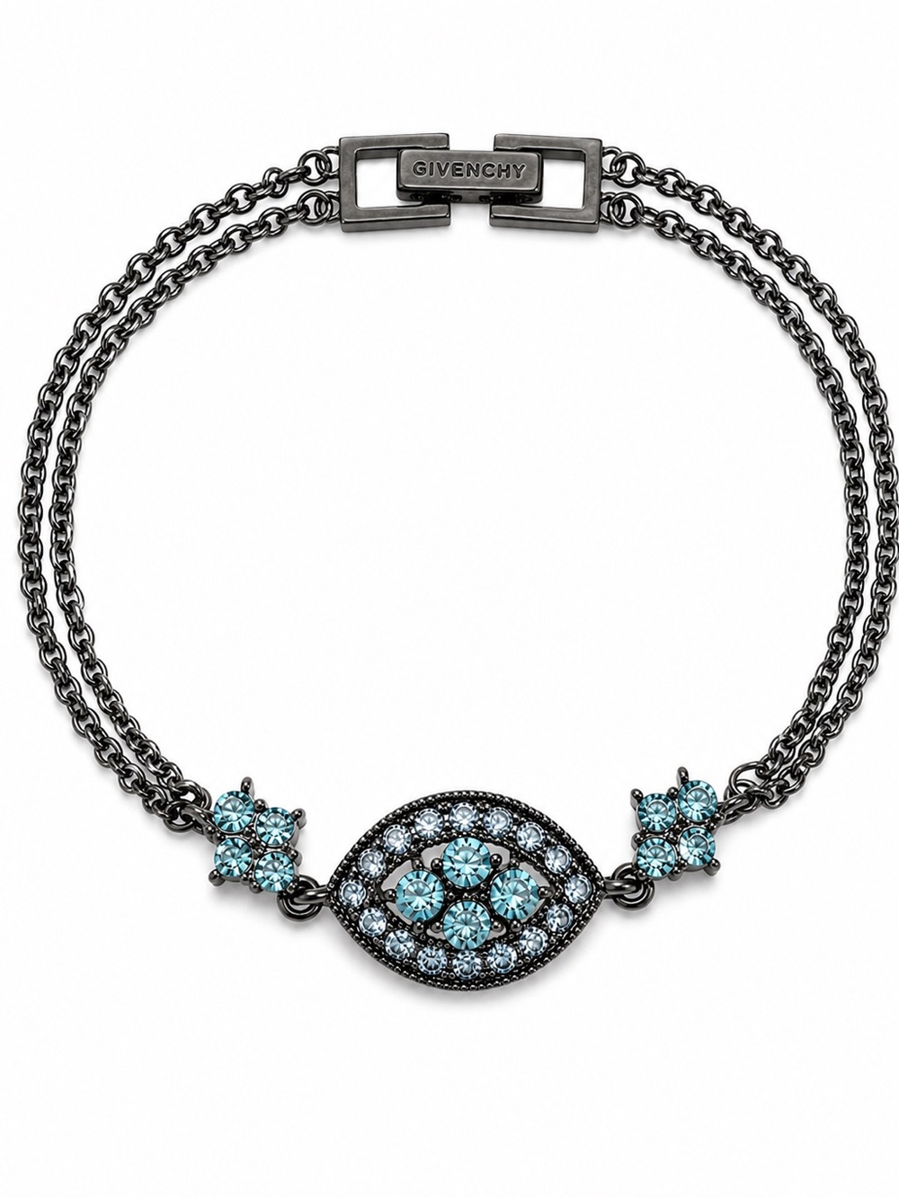 Givenchy Black Gunmetal Bracelet with Aqua Crystal Eye Accent